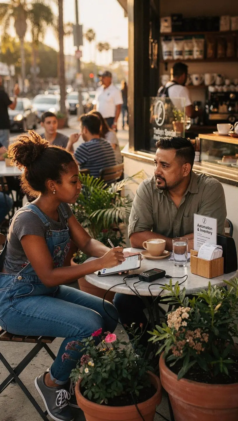 Close-up of hands programming an automation workflow on a laptop in a modern office setting.