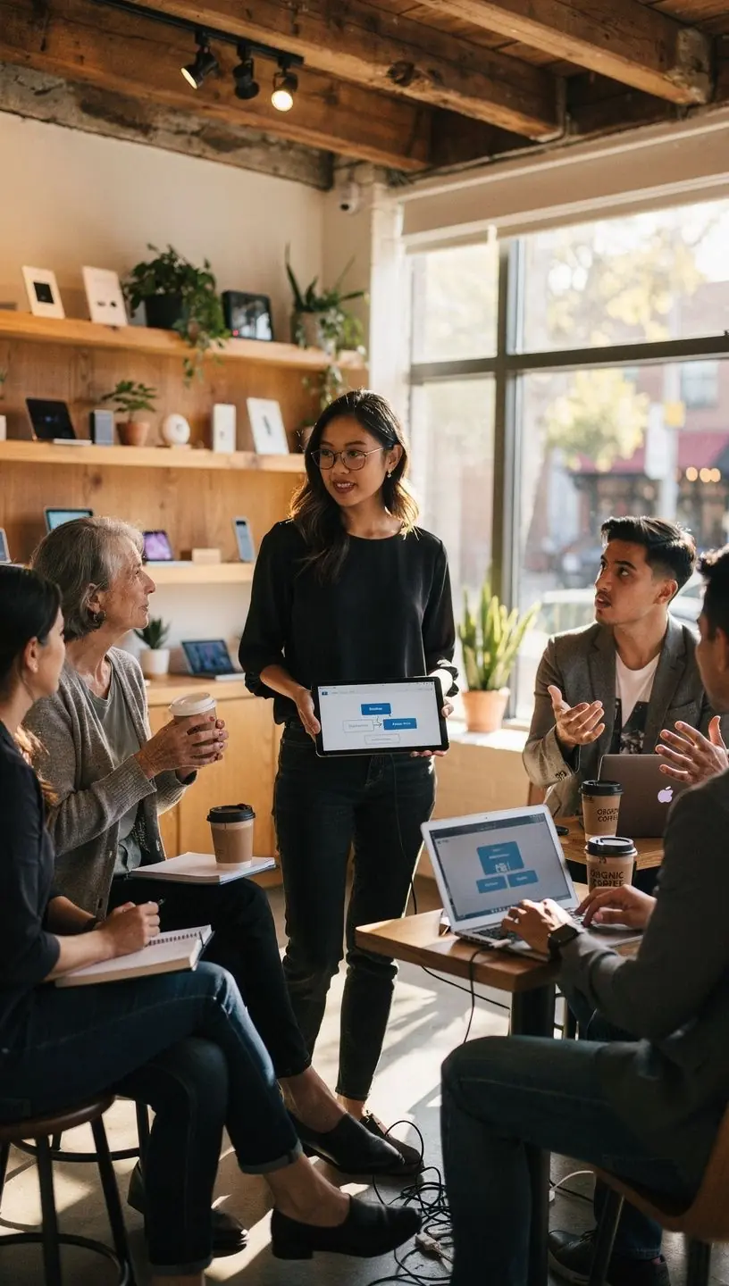 Professional explaining automation software benefits during a virtual webinar with clear data visuals.